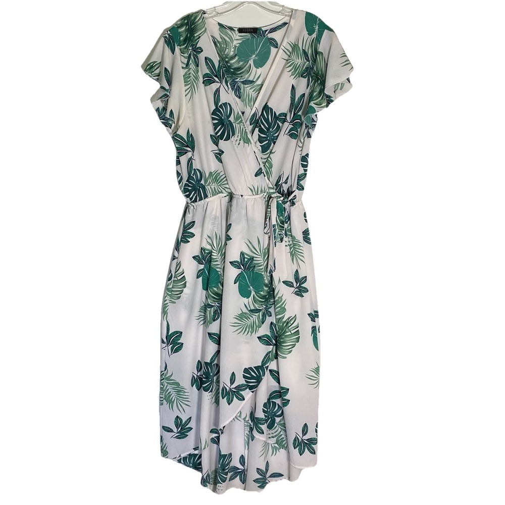 Scobe Dress Womens 1X White Green Tropical Leaf Faux Wrap Summer Lightweight Fun